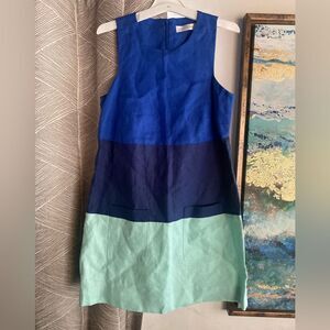 Carleen Tritone Colorblock Linen Shift Mini  Dress  Sz XS Petite Pocket Front
